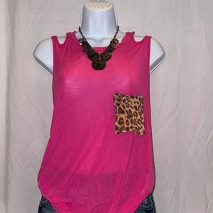 Pink Tie Knot Tank with Leopard print pocket